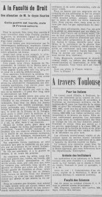 <em>Source: Toulouse-Rosalis city library, class. no P010.</em></br></br>
<strong>This second speech by Dean Hauriou to the students of the faculty had a more concrete tone with the evocation of the military situation. He showed himself optimistic by presenting them with a sick and isolated enemy.</strong>
