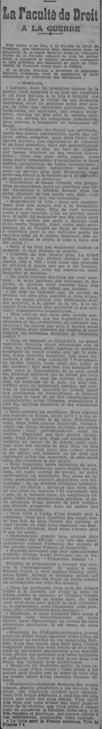 <em>Source: Toulouse-Rosalis city library, class. no P014.</em></br></br>
<strong>Committed to the creation of a Golden Book to pay tribute to the students who died for France, the faculty, through the voice of its dean, commemorated their memory for the first time. Maurice Hauriou recalled the importance of collective and individual sacrifices by drawing up this "funereal and glorious list".</strong>