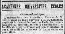 <em>Source: gallica.bnf.fr / Bibliothèque nationale de France.</em></br></br>
<strong>Finalized and sent to President Wilson via the U.S. ambassador to France, the address was warmly received, as shown here by the transmission of the president's thanks to the authors, via Larnaude.</strong>
