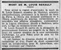 <em>Source: gallica.bnf.fr / Bibliothèque nationale de France.</em></br>
</br>
<strong>This second document, a death notice published by the newspaper Le Temps, is without doubt the most sobering. It concentrates in a few lines, as is customary, the key elements of the life and work of Louis Renault.</strong>