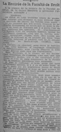 <em>Source: Toulouse-Rosalis city library, class. no P014.</em></br></br>
<strong>To the terrible daily life of the war and to the exemplary sacrifice of one of the students of the Toulouse Faculty of Law, Dean Hauriou added a criticism of the collective French attitude before the war.</strong>