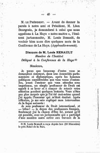 <em>Source gallica.bnf.fr / Bibliothèque nationale de France.</em></br>Document numérisé <a href="/la-deuxieme-conference-de-la-haye-discours-prononces-a-la-seance-de-rentree-du-groupe-de-larbitrage-groupe-parlementaire-francais-de-larbitrage-international-paris-delag/" target="blank" rel="noopener">consultable ici</a>.</br>
</br>
<strong>Eminent internationaliste et jurisconsulte au ministère des affaires étrangères, Louis Renault est représentant de la France aux conférences de la Paix de La Haye aux cotés de Léon Bourgeois, de Paul d’Estournelles de Constant et de Charles Lyon-Caen.</br>
Ce discours de Renault, qui revient sur les objectifs et les réalisations des conférences de 1899 et 1907, entre autres en matière d’armement, est un véritable plaidoyer en faveur de l’arbitrage.</strong>