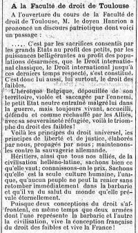 <em>Source gallica.bnf.fr / Bibliothèque nationale de France.</em></br></br><strong>Le premier discours du doyen Hauriou prononcé devant les étudiants de la faculté de droit de Toulouse après le déclenchement de la guerre, conservé intégralement dans le registre de délibérations de l'assemblée et du conseil de la faculté, est repris pour partie dans la presse comme <em>Le Journal des débats politiques et littéraires</em> (30 novembre 1914).</strong>