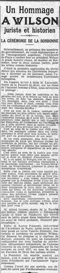 <p style=padding: 1.5em><em>Source: gallica.bnf.fr / Bibliothèque nationale de France.</em><br></p>
<strong>
On the day of the ceremony, Dean Larnaude gives a thrilling tribute to President Woodrow Wilson. He mentions his noble idea of justice, which he defended in a speech on April 2, 1917. He is therefore the supreme hero of this legal war for the prevalence of law over force.
</strong>