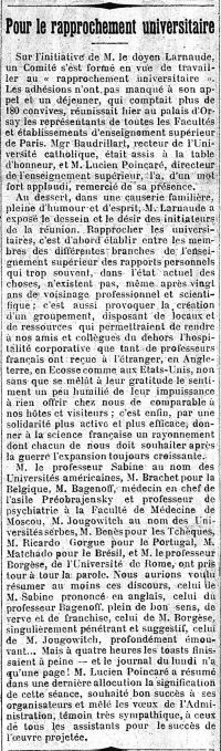 <p style=padding: 1.5><em>Source gallica.bnf.fr / Bibliothèque nationale de France.</em></p>
<strong>
Dès mars 1917, Ferdinand Larnaude crée un Comité pour rassembler les différents facultés et établissements d'enseignement supérieur de Paris
et développer les échanges avec leurs collègues étrangers. Le déjeuner de lancement, raconté dans ce document, regroupe des représentants de facultés de tous les pays alliés ou neutres.<br>
Cet événement donne surtout à voir la volonté des universitaires de penser et bâtir collectivement l’après-guerre, avant même la résolution du conflit.</strong>
