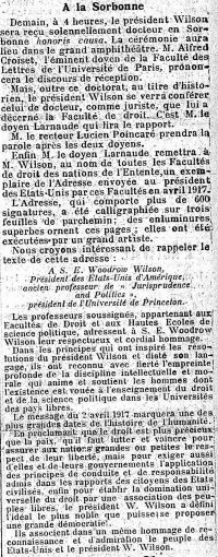 <p style=padding: 1.5em><em>Source: gallica.bnf.fr / Bibliothèque nationale de France.</em></p>
<strong>
After the victory of the Allies, President Wilson visited Paris. On this occasion, the University organized a very solemn reception in his honor. For French jurists, this man was both one of their own, a former colleague of Princeton University, and the head of state of a nation whose entry into the war was decisive. Their immense respect for him was reflected after the United States rallied in an address, the text of which is reproduced in the document. Signed by more than 600 law professors from the Entente countries, it is an eloquent example of academic diplomacy.
</strong>