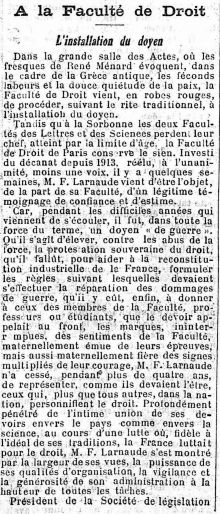 <p style=padding: 1.5em><em>Source gallica.bnf.fr / Bibliothèque nationale de France.</em>
<br></p>
<strong>
In the aftermath of the Victory, Dean Larnaude, honored for his management of the faculty and his commitment during the war, is appointed head of the institution for the second time. His international stature makes him an ideal dean to ensure the promotion, through education and scientific exchanges, of the French outlook on the world – the cult of law.</strong>