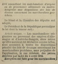 <p style=padding: 1.5em><em>Source gallica.bnf.fr / Bibliothèque nationale de France.</em></br>
</p><strong>
La loi du 17 août 1915 prévoit désormais au régime d'interdiction commercial une possibilité d'exception sur décision du ministre des Finances.
</strong>