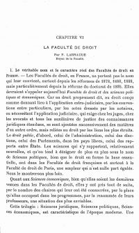 <em>Source gallica.bnf.fr / Bibliothèque nationale de France.</em></br>Digitalisiertes Dokument <a href="http://gallica.bnf.fr/ark:/12148/bpt6k5691642n/f123.image" target="blank" rel="noopener">hier einsehbar</a>.</br></br>
<strong>Dekan Ferdinand Larnaude führte nicht nur einen doktrinären Kampf gegen das deutsche Rechtsdenken, sondern setzte diesen Kampf auch auf institutioneller Ebene fort. Akademische und diplomatische Schritte wurden unternommen, um ausländische Studenten von der Anziehungskraft der deutschen Fakultäten abzubringen und sie an die Rechtsfakultät in Paris' zu locken.</br> Ein Beispiel hierfür ist Larnaudes Beitrag zu dem von Émile Durkheim herausgegebenen Buch über das Pariser Universitätsleben.</strong>