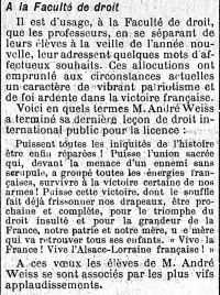 <p style=padding: 1.5em><em>Source gallica.bnf.fr / Bibliothèque nationale de France.</em>
<br>
</p>
<strong>
Dans cet article qui rapporte les voeux de fin d’année du professeur Weiss à ses étudiants, on peut observer la ferveur patriotique qui peut animer le corps professoral dont les préoccupations guerrières en viennent à influencer le contenu même des cours.
</strong>