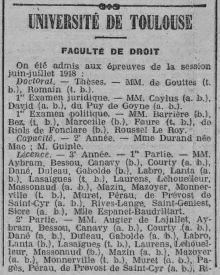 <p style=padding: 1.5em><em>Source: >Source: Toulouse-Rosalis City Library, class. no P014</em>
<br></p>
<strong>
Another example, here, as before the war, is the publication of the list of students who passed the exams of the law faculty of Toulouse in the regional newspaper.</strong>