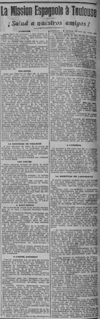 <p style=padding: 1.5em><em>Source: Toulouse-Rosalis City Library, class. no P014</em></p>
<strong>
The stakes are focused among others on the neutral countries which, by taking a side, can decide the outcome of the war.<br>
This first document reports the arrival of Spanish academics - citizens of a nation that remained neutral - at the Faculty of Law in Toulouse in the presence of Dean Hauriou on November 3, 1916. In his speech, the rector promoted the French vision and the links between the two nations.
</strong>