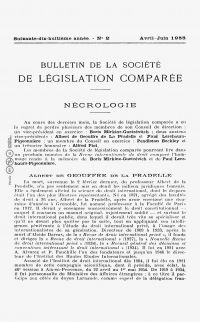 <em>Source gallica.bnf.fr / Bibliothèque nationale de France.</em></br>
</br>
<strong>Albert Geouffre de La Pradelle décède le 2 février 1955. Rédigée par Charles Rousseau, collègue internationaliste de la faculté de droit de Paris, cette nécrologie, sous forme de notice, présente sommairement l’œuvre du professeur et dresse une liste non exhaustive de ses réalisations.</strong>