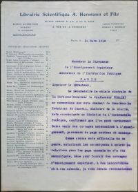 <p style=padding: 1.5em><em>Source Archives nationales, Cote F/17/13496.</em>
<br></p>
<strong>
Malgré le dispositif mis en place, les circuits d’importations ont peu fonctionné. L’on compte par exemple seulement 24 ouvrages allemands acquis par la bibliothèque de la faculté de droit de Paris entre 1915 et 1919. Par ailleurs, cette lettre du libraire Hermann témoigne de ce flou régnant encore après la guerre autour des conditions d’importations.</strong>