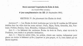 <p style=padding: 1.5em><em>Source: gallica.bnf.fr / Bibliothèque nationale de France.</em></br>Digitalized document <a href="/en/?page_id=9410" target="blank" rel="noopener">available here</a> in French.<br></p>
<strong>In France, all law schools of the Ancien Régime were closed during the Revolution.<br>
Under the Empire, in 1804, a dozen cities were allowed to reopen their faculty, under new conditions.</strong>