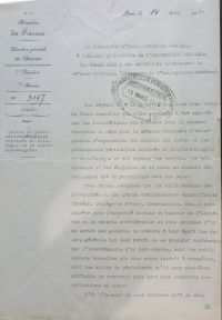 <p style=padding: 1.5em><em>Source: National archives, class. no F/17/13496.</em></br></p>
<strong>
Response to the letter of March 7
<br>
The director general of customs gives satisfaction to the request of the minister of public instruction. He informs him that he has sent instructions to the customs services to facilitate the importation of German and Austro-Hungarian books and periodicals of a non-commercial nature, ordered by scientific establishments from booksellers in neutral countries, and subject to the approval of the Inspector of the Library.<br>
These import conditions will be explained in the circular of March 16, 1916 addressed to all rectors and directors of major scientific institutions.</strong>