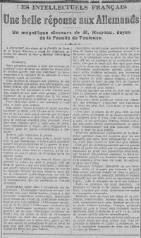 <em>Source Ville de Toulouse, Bibliothèque municipale de Toulouse-Rosalis, cote P010.</em></br></br>
<strong>Gleich in seiner ersten Rede als Dekan einer Institution im Krieg entwickelt Maurice Hauriou auf der grundsätzlichen Ebene den Gegensatz zwischen Recht und Gewalt oder auch von Zivilisation und Barbarei. Er betont die Wichtigkeit der Einhaltung des Völkerrechts und des Schutzes der zwischenstaatlichen Verpflichtungen. Diese Rede wurde in ihrer Gänze von <em>Le Midi Socialiste</em> wiedergegeben.</strong>