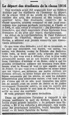 <p style=padding: 1.5em><em>Source: gallica.bnf.fr / Bibliothèque nationale de France.</em><br></p>
<strong>
The life of the faculties was punctuated by the regular departure of students to the battlefield.br>
An example here in Paris with this ceremony organized in honor of the class of 1916 called up for military service.</strong>