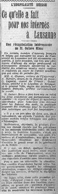 <p style=padding: 1.5em><em>Source: Royal library of Belgium</em></br></p>
<strong>This article relates Octave Maus' speech, attaché to the Belgian Legation, at a ceremony before the departure from Switzerland of a contingent of Belgian and French students, who were taken in while interned there.</br>
Expressing his fervent gratitude, Maus expressed the hope that these exchanges, forged during the war, could augur new relations between universities once peace returned.</strong>