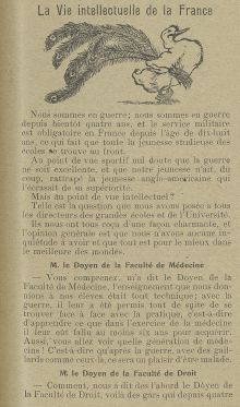 <em>Source Ville de Toulouse, bibliothèque municipale de Toulouse-Rosalis, cote P3676.</em></br></br>
<strong>Neben den Anpassungen von Lehrplänen, Prüfungs- oder Einschreibebedingungen hinterfragt die Frage der Demobilisierung die Kluft zwischen dem Leben als Soldat und dem Leben als Student sowie die Auswirkungen und Folgen, die das erste auf das zweite hat. Diese Problematik wird in den letzten Dokumenten dieser Galerie angesprochen.</br></br>
Das Thema wurde während des gesamten Konflikts kaum angesprochen. Als einziges Beispiel verhöhnt dieser Artikel, eine Wiedergabe des <em>Canard enchainé</em> in <em>Le Cri de Toulouse</em>, die Argumente der Direktoren der großen Schulen wie der medizinischen und juristischen Fakultäten, des Collège de France oder auch der Ècole des mines, für die der Krieg ein besserer Ausbildungsort als die Universitäten sei.</strong>