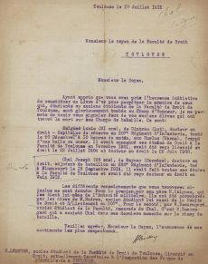 <p style=padding: 1.5em><em>Source: Department archives of Haute-Garonne, class. no ADHG 3160W248, p. 350.</em></br></p>
<strong>
A letter from a former student of the Toulouse Faculty of Law, Henri Lescure, contained in the file of Joseph Chal (1887-1914), which brings to the attention of Dean Hauriou the death of two students - Chal and Louis Salgues (1883-1914). The information was thus circulated among former faculty members. It provides information about their university education in Toulouse.</strong>