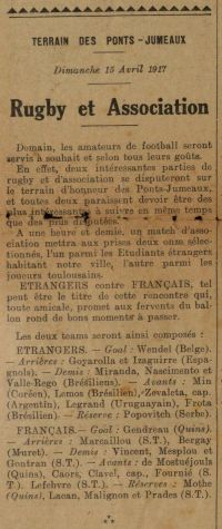 <p style=padding: 1.5em><em>Source Ville de Toulouse, bibliothèque municipale de Toulouse-Rosalis, cote P5279.</em></br></p>
<strong>
Annonce d'un match de rugby à Toulouse entre une équipe d'étudiants étrangers et une d'étudiants français.</strong>