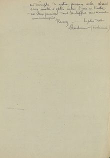 <em>Source: National archives, class. no F/17/25712</em>
</br><p style=0.95em>Transcription :</br>
« au décompte de votre pension civile et vous serez invitée à opter entre l’une ou l’autre des deux pensions dont les chiffres vous seront communiqués.</br>
Recevez … la plus dist</br>
Directeur (directement) »</p>