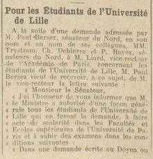 <em>Source Collection Bibliothèque municipale de Lille</em>
</br></br><strong>Dans le cas des étudiants lillois, les aménagements sont de nature différente selon qu'il s'agisse d'étudiants en zone occupée ou non occupée, comme le présentent ce document (en deux parties) et le suivant.
Pour les étudiants hors du territoire contrôlé par les Allemands, la question est d'arriver à valider leurs études dans des universités d'accueil, avec ici une décision favorable du ministre relayée par le recteur Liard qui en précise les modalités.</strong>