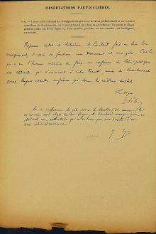 <em>Source: National archives, class. no F/17/25712.</em></br>
</br><strong>This laudatory evaluation by Dean Pilon, supported by Rector Lyon, was written at a time when Louis Boulard had already died, but the news had not yet reached his family.</strong>
</br></br><p style=0.95em>Transcription :</br>
« Professeur érudit et laborieux, M. Boulard fait un très bon enseignement ; il exerce ses fonctions avec dévouement et avec zèle. C’est lui qui a eu l’heureuse initiative de faire une conférence de latin-juridique aux étudiants qui s’inscrivent à notre Faculté munis du baccalauréat sciences - langues vivantes, conférence qui donne les meilleurs résultats.</br>
Le doyen : E. Pilon</br>
En ce professeur le zèle est à la hauteur du savoir. Je m’associe au éloges de son Doyen. M. Boulard marque pour ses étudiants une sollicitude qui ne se borme pas aux limites d’un cours solide et consciencieux.</br>
G. Lyon</br>
21 SEPT. 1914 »</p>