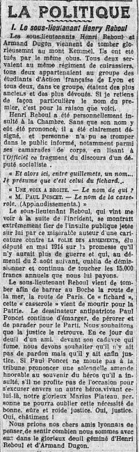 <em>Source gallica.bnf.fr / Bibliothèque nationale de France</em>
<br><br>
<strong>A l’instar d’une part importante des étudiants de la faculté catholique de Lyon décédés ou décorés à la guerre, Henry Reboul fait l’objet d’un hommage dans le journal l'</em>Action française</em>. L'article est rédigé par Charles Maurras, qui y compare la bravoure de Henry Reboul à la prétendue lâcheté des socialistes.</strong>