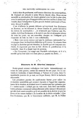 <em>Source gallica.bnf.fr / Bibliothèque nationale de France</em>
<br><br>
<strong>De nombreuses pages du <em>Bulletin des facultés catholiques de Lyon</em> sont ainsi consacrées aux différentes interventions et prises de position du doyen Charles Jacquier lors de ses conférences en France et à l’étranger, durant l'année 1915, ayant pour deux grands thèmes la lutte contre une Allemagne qui ne respecte pas « le droit des gens », d'une part, et l'importance de la repopulation de la France, d'autre part.</strong>