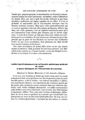 <em>Source gallica.bnf.fr / Bibliothèque nationale de France</em>
<br><br>
<strong>Zu Beginn des Krieges beteiligt sich die Fakultät auch am Spiel der universitären Diplomatie mit diesem Schreiben aller Professoren an ihre Kollegen der Katholischen Universität Löwen, nachdem die Stadt von den Deutschen geplündert worden war. </strong>