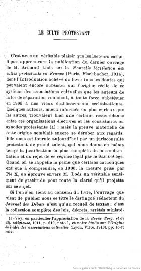 <em>Source gallica.bnf.fr / Bibliothèque nationale de France</em>
<br>Document numérisé <a href="/paul-magnin-le-culte-protestant-revue-catholique-des-institutions-et-du-droit-43e-annee-septembre-decembre-1915/">consultable ici</a>.
<br><br>
<strong>Enfin, si Charles Jacquier mêle dans ses conférences sur la repopulation guerre du Droit et combat catholique, certains professeurs de la faculté catholique de droit de Lyon continuent à se concentrer uniquement sur ce dernier. Ainsi, dans cet article de 1915, Paul Magnin prend pour point de départ une nouvelle publication concernant la législation du culte protestant en France pour attaquer le régime des associations cultuelles, sans lien aucun avec le contexte de guerre.</strong>